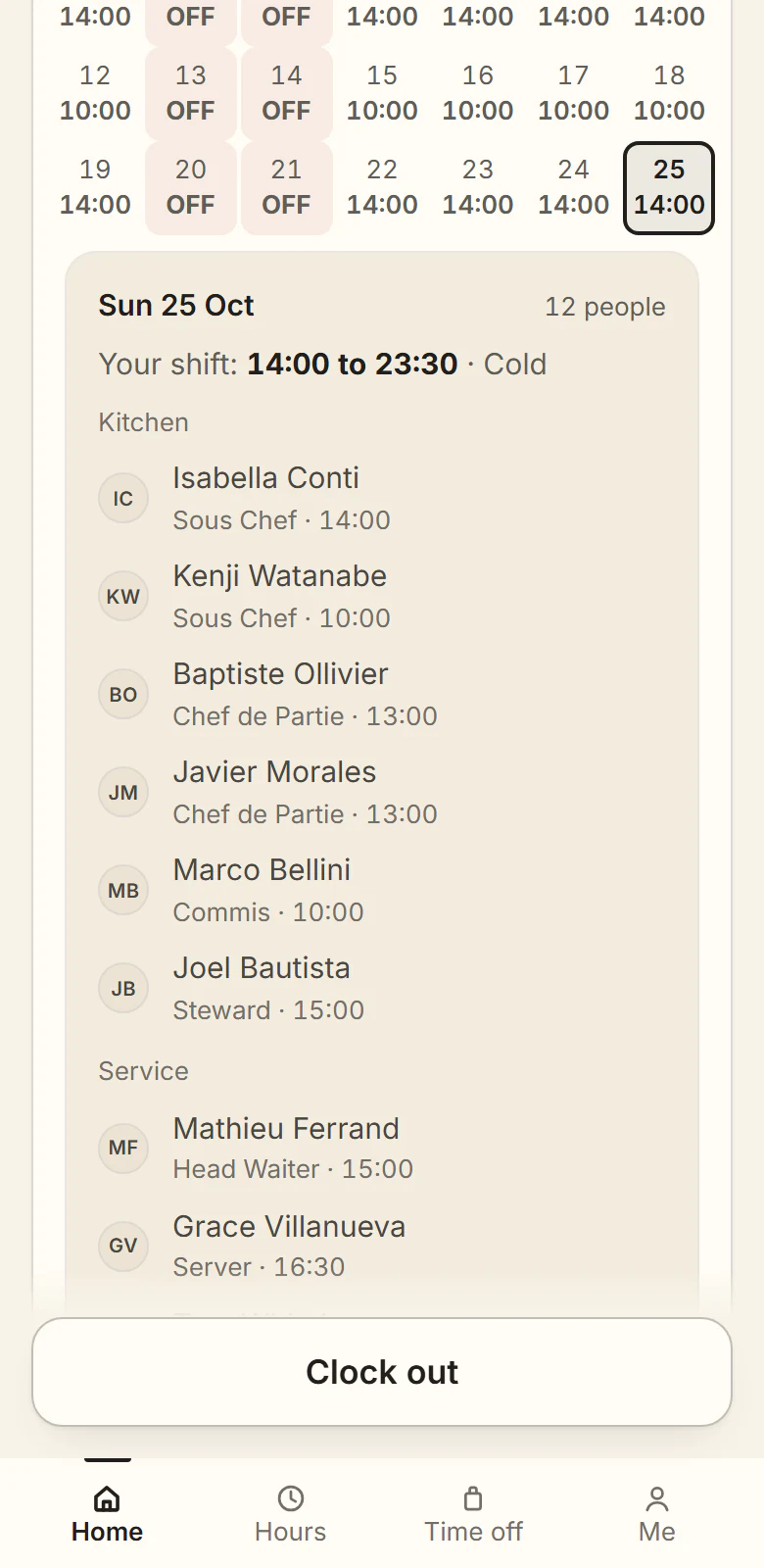 A cook's month on her phone. Every day with its start time or OFF, tonight's station and team, and Clock out.